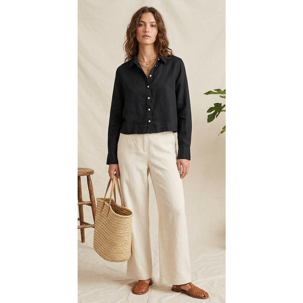 Joie 100% Linen Black Shell Boxy Fit Button Down XL Minimalist Quiet Luxury Chic